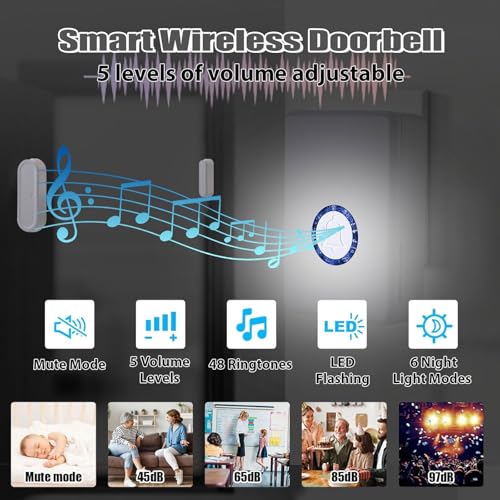 Wireless Door Chime, Wireless Doorbell Chime for Home with LED Indicators Waterproof, Door Alarms When Opened with 656 Ft Range, 48 Chimes 5 Adjustable Volume 2 Sensors + 1 Receiver