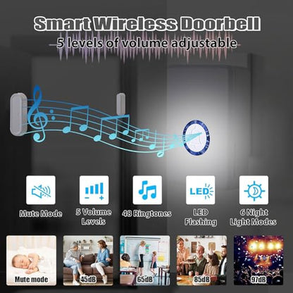 Wireless Door Chime, Wireless Doorbell Chime for Home with LED Indicators Waterproof, Door Alarms When Opened with 656 Ft Range, 48 Chimes 5 Adjustable Volume 2 Sensors + 1 Receiver