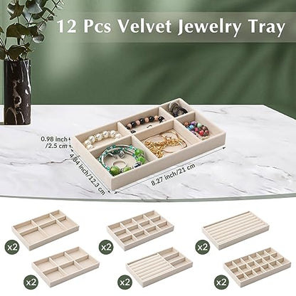 Inbagi 12 Pcs Velvet Jewelry Tray Stackable Drawer Organizer Beige