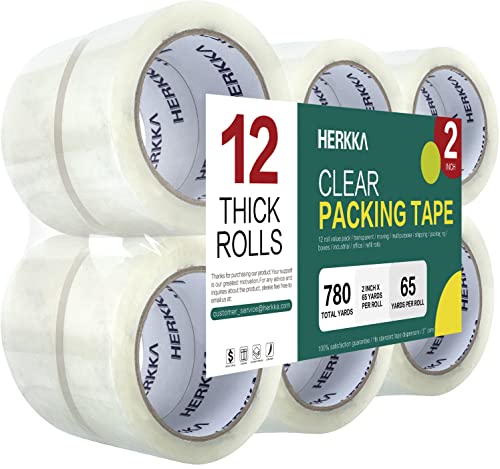 HERKKA Clear Packing Tape, 12 Rolls Heavy Duty Packaging Tape for Shipping Packaging Moving Sealing, Thicker Clear Packing Tape, 2 inches Wide, 65 Yards Per Roll, 780 Total Yards - size: 12 PACK 2 INCH WIDE