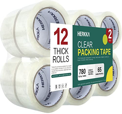 HERKKA Clear Packing Tape, 12 Rolls Heavy Duty Packaging Tape for Shipping Packaging Moving Sealing, Thicker Clear Packing Tape, 2 inches Wide, 65 Yards Per Roll, 780 Total Yards - size: 12 PACK 2 INCH WIDE