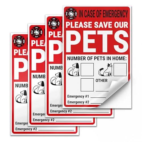 Pet Alert Safety Fire Rescue Sticker, 4 x 6 Inch Adhesive Vinyl, 4 Pack