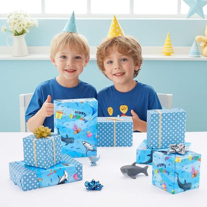 WERNNSAI Shark Reversible Wrapping Paper, 33ft Blue Baby Wrapping Paper - color: Blue Shark