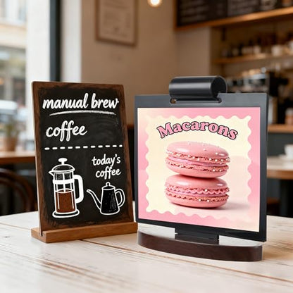 Garvee Show 15 Stand Tabletop Easel, 2 Pack A5 Horizontal Acrylic Flip Menu Sign Holder with Walnut Wood Base, Desktop Display Organizer for Restaurant Cafe Shop Office Menu Poster