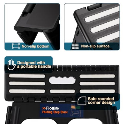 Flottian 9" Folding Step Stool for Adults and Kids 15-Inch Extra Wide Stool Holds Up to 300 lbs,Non-Slip Folding Stools with Handle,Compact Plastic Foldable Step Stool for Bathroom,Kitchen,ect,Black - size: 9 Inch
