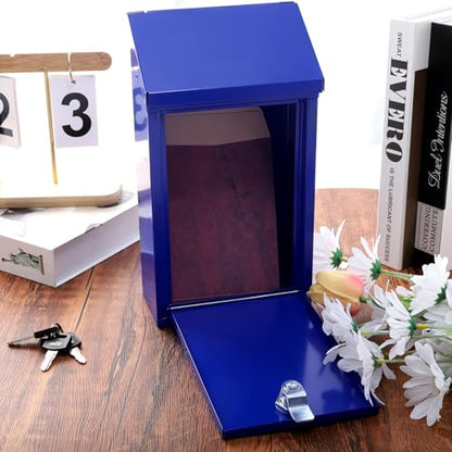 Metal Money Box with Lock Donation Cash Box Collection Safe Suggestion Box Wall Mounted Mailbox for Home Office, Outdoor, Farmstand - color: Blue