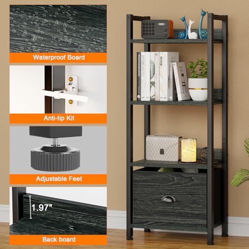 Furologee 4 Tier Bookshelf with Drawer, Small Narrow Bookcase, Black Oak - color: Black Oak, size: 4 Tier