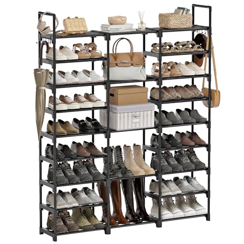 WOWLIVE 9 Tier 3-Column Shoe Rack, 50-55 Pairs Stackable Black - color: Black, size: 3 Row 9 Tier