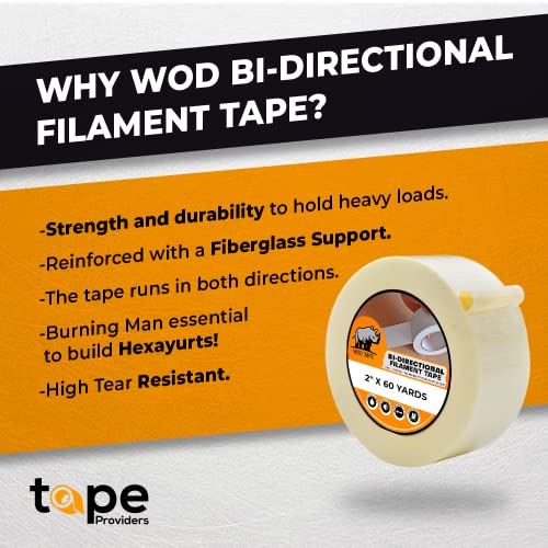 WOD BFST47 Bi-Directional Filament Strapping Tape, 1 inch x 60 yds. Fiberglass Reinforced Packaging Tape, Filaments Run H-V with High Adhesion and Tear Resistance, Hexayurt Tape - size: 1 inch