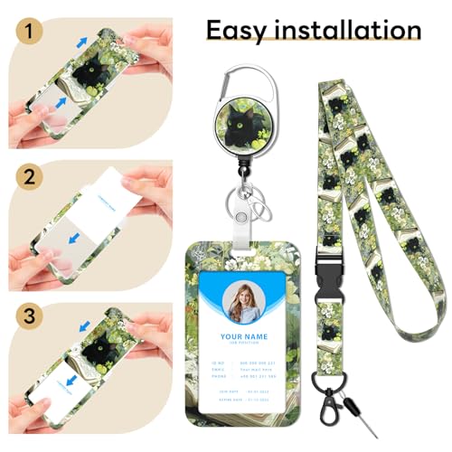 Retractable Badge Holder with Detachable Lanyard, Books Cat - color: Books Cat