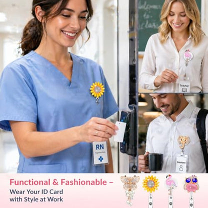 Teling 10 Pcs Crystal Badge Holders Retractable Badge Reel Rhinestone Cute - style: Animal Flower with White Clip