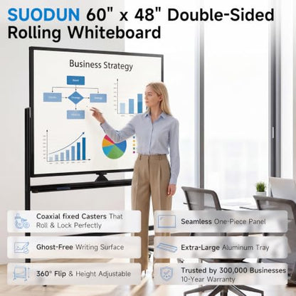 Mobile Rolling Whiteboard on Wheels 60"x 48" Double-Sided Magnetic - color: Black, size: 60X48