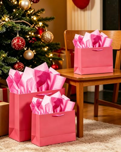 qiqee 24PCS Bright Pink Gift Bags with Tissue Paper - color: Bright Pink, size: Multi Wide/24pcs