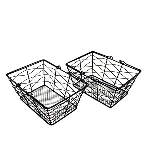 CVHOMEDECO. Metal Wire Fruit Baskets, Set of 2, Black, Rustic, Oval, Sturdy, Open Top, Powder Coated, Kitchen Hanging Baskets