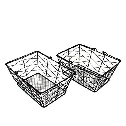 CVHOMEDECO. Metal Wire Fruit Baskets, Set of 2, Black, Rustic, Oval, Sturdy, Open Top, Powder Coated, Kitchen Hanging Baskets