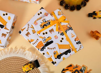 Sikiweiter Construction Truck Birthday Wrapping Paper Roll - Yellow Trucks, Cones, and Balloons Design - 17 inch x 16.5 feet(Construction) - color: Construction