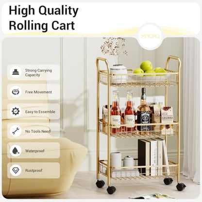 3 Tier Rolling Utility Cart, Storage Trolley Service Cart with Wheels Easy Assembly for Kitchen, Living Room, Office, Salon, Gold