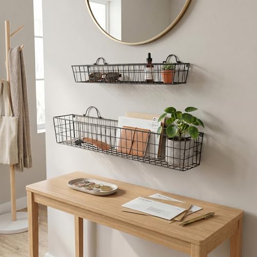 MyGift 2pcs 30-Inch Wire Baskets for Storage and Organization, Rustic Black Wall Mounted Metal Display Racks