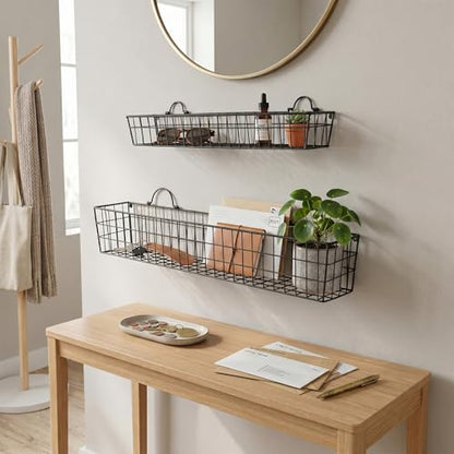 MyGift 2pcs 30-Inch Wire Baskets for Storage and Organization, Rustic Black Wall Mounted Metal Display Racks