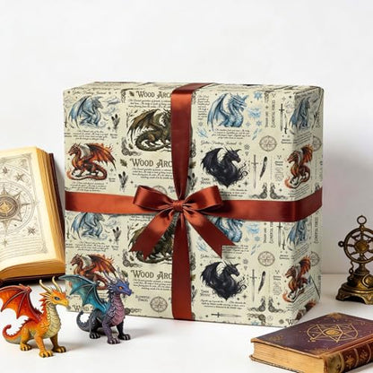 RUSPEPA Medieval Dragon Wrapping Paper Roll, Mini Roll, Mythical Dragon Lore Design Gift Wrap, Fantasy Gift Wrap Paper for Kids, Boys, Men, Gamers, Birthday, Magical Party, 17 Inch x 16.4 Feet - color: Dragon Lore