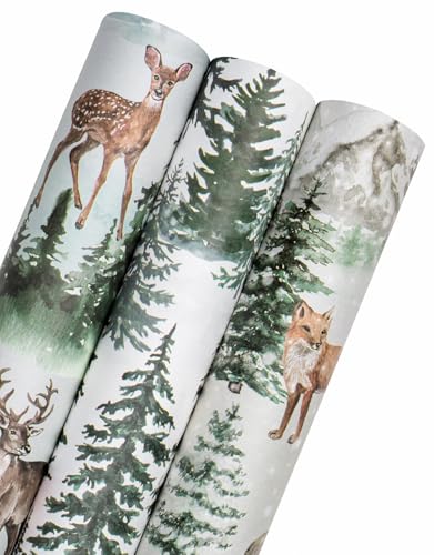 WRAPAHOLIC Kraft Christmas Wrapping Paper Roll - Mini Roll - 3 Rolls - 17 Inch x 120 Inch Per Roll - Watercolor Elk, Wild Animal and Winter Forest Landscape Holiday Collection - color: Blue Wild Animals