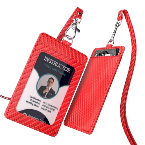 Carbon Fiber Work ID Card Holder with Lanyard, Red - color: Red