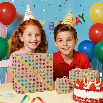 WRAPAHOLIC Kraft Wrapping Paper Roll - Striped Brown Kraft Paper for Birthday Gift Wrapping - 17in x 32.5in Each Roll, Total 46 Sq. Ft. - Stars - color: Stars, size: 1 roll (Pack of 1)