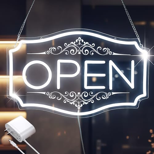 22" x 13" Open Sign for Business, LED Dimmable Neon Open Sign with 12V/2A Adapter, White, Bright LED to Light Up Storefronts, Windows & Walls - color: White, size: 22" X 13"