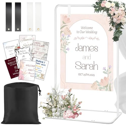 Adjustable Wedding Welcome Sign Stand with 2 Pair Hanging Straps, Welcome to Our Wedding Sign Holder Stand for Reception, Heavy Duty White Easel Stands for Sign Poster, Metal Floor Standing - color: White
