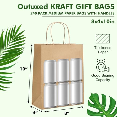 OUTUXED 240pcs 8x4x10in Brown Paper Bags with Handles Kraft Paper Gift Bags - color: Brown