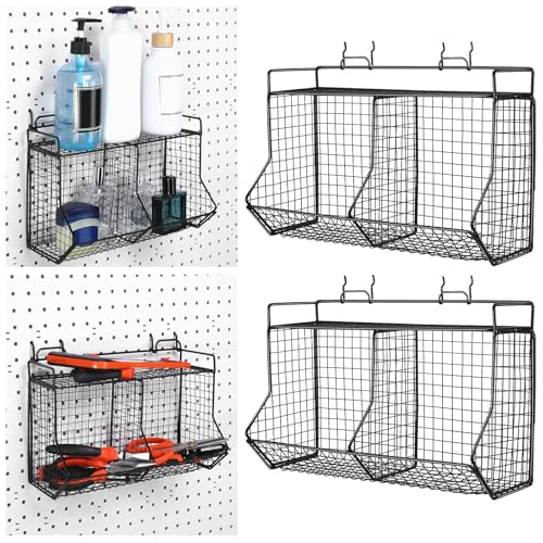 Huwena 2 Pcs Tiered Pegboard Baskets Bins Set with 4 Hooks