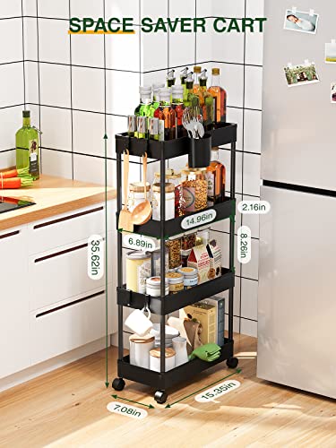 LEHOM Slim Rolling Storage Cart - 4 Tiers Bathroom Organizer Utility Cart - color: Black