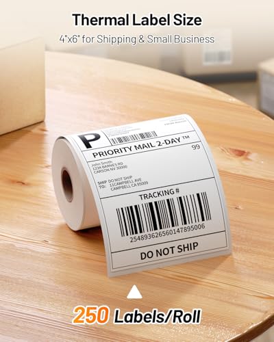 Phomemo 4x6 Thermal Label, Shipping Labels Pack of 250 4x6 Roll Labels, Compatible with Phomemo, Zebra, Rollo, Jadens and Other Thermal Printers - color: White