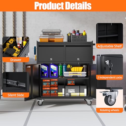 Metal Tool Cabinet with 2 Drawers, Adjustable Shelf & Wheels, Black - color: Black, size: 18.11"D x 30.31"W x 35.5"H