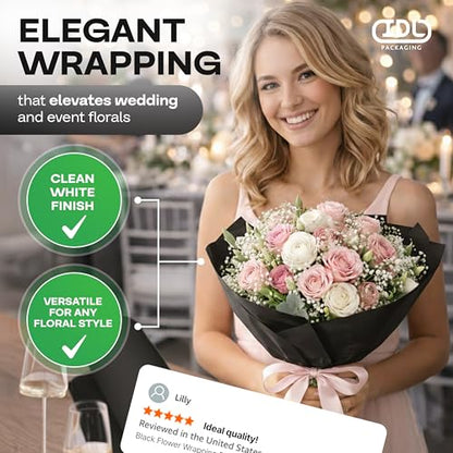 IDL Packaging Black Flower Wrapping Paper, 18"x1200" (100 feet) - USA-Made Premium 50lb Thick Bouquet Wrapping Paper - Elegant Flower Wrap Roll for Weddings, Ceremonies & Special Events - color: Black, size: 18" X 100 Feet