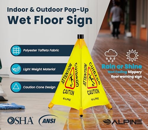 Alpine Caution Wet Floor Sign 3 Pack - Pop Up Slippery When Wet Sign, Wall Mounted Foldable Bilingual Yellow Safety Warning Caution Cone for Commercial & Office Use (20 Inches) - size: 3-Pack