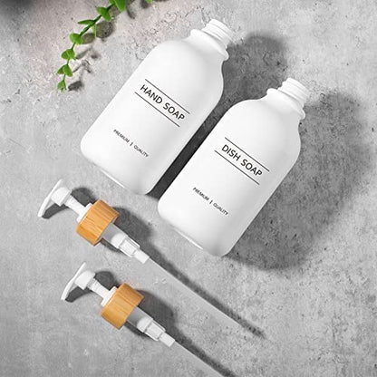 KASUNTING White Soap Dispenser, 2 Pack Plastic Bathroom Hand Soap and Lotion Dispenser Set with Bamboo Pump, 17 Fl Oz Hand and Dish Soap Dispensers Set for Kitchen, Refillable Liquid Soap Bottles - color: White, size: 2 Bottles
