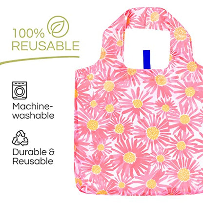 rockflowerpaper Reusable Grocery Bags - Washable, Foldable, Packable Tote, Large Handles, Heavy Duty, Zippered Top Pouch - color: Daisies