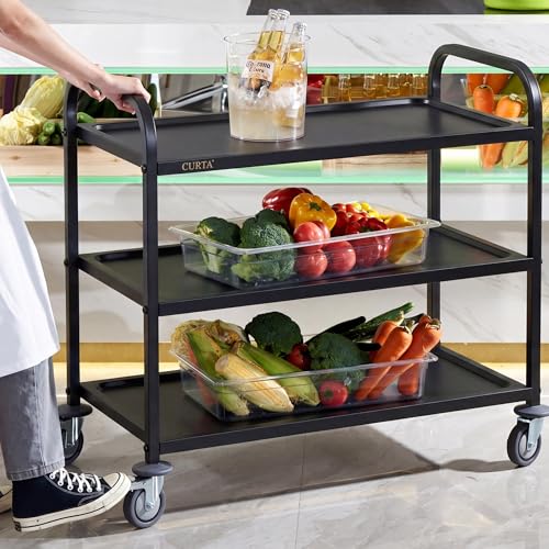 CURTA Black Stainless Steel Serving Cart, 3-Tier Rolling Utility Trolley (30"x16"x33"), Heavy Duty Painted Kitchen Cart on Wheels with Brakes, Commercial Grade for Restaurant, Hotel, Salon & Lab - color: M(black): 30''(l) X 16''(w) X 33''(h)