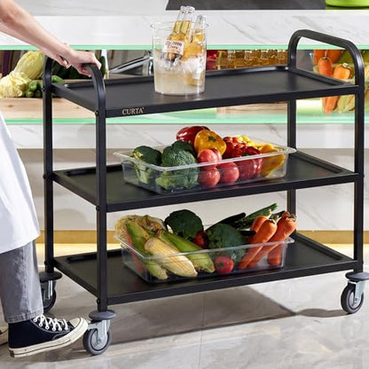CURTA Black Stainless Steel Serving Cart, 3-Tier Rolling Utility Trolley (30"x16"x33"), Heavy Duty Painted Kitchen Cart on Wheels with Brakes, Commercial Grade for Restaurant, Hotel, Salon & Lab - color: M(black): 30''(l) X 16''(w) X 33''(h)