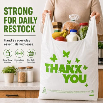 YoYoRain 1000 Count Large T-Shirt Bags – White Plastic Shopping Bags with Handles, 11"x6"x21", for Retail, Merchandise, Grocery, Supermarket Use - style: Green Bf