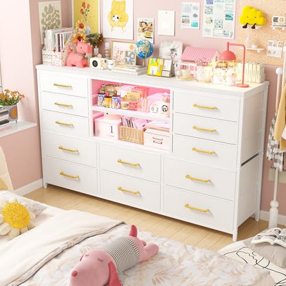 EnHomee Dresser for Bedroom with LED Lights & Charging Station - color: White