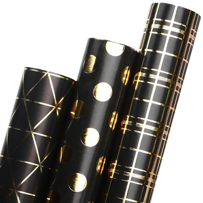 Ribbli Birthday Wrapping Paper Black and Gold Gift Wrap for Father's Day Men Husband Boyfriend Mini Roll, 3 Rolls Geometry Pattern - 17 inch x 120 inch(10feet) Per Roll - color: Black/Gold