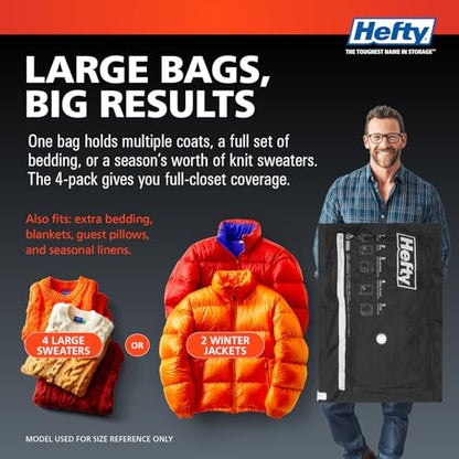 Hefty MAX Shrink-Pak Vacuum Seal Storage Bags for Clothing, Travel, Bedding | Tear & Water Resistant, Dual-Valve Space Saver Compression Bags - Large, 4-Pack