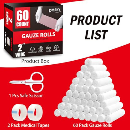 DMSKY 60 Pack Gauze Rolls, 2 in x 4.1 Yards, Individually Wrapped Breathable Rolled Gauze, Premium First Aid Supplies & Medical Supplies for Wounds, Bandage Wrap Vet Wrap, Mummy Wraps - color: 60 Pack, size: 2 IN