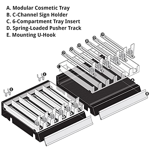 Azar Displays 225830-6COMP-BLK 6 Compartment Divider Bin Cosmetic Tray with Pushers - 6 Slots per Tray, 2-Pack, Black - color: Black, size: 12"W x 9.25"D 2.625"H