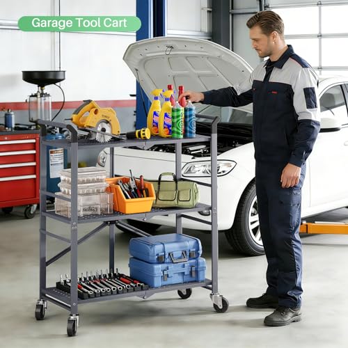 SNTD 3 Tier Rolling Cart, Metal Utility Cart on Wheels, Grey