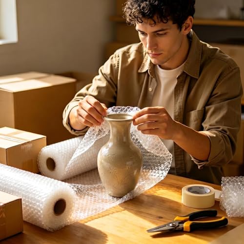 2 Pack Bubble Wrap Rolls For Moving Boxes, 3/16" Air Bubble, 12 Inch x 72 Feet Total, Perforated Every 12", Included 10 Poly Mailers 12" x 16", 20 Fragile Stickers