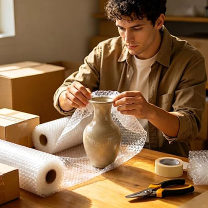 2 Pack Bubble Wrap Rolls For Moving Boxes, 3/16" Air Bubble, 12 Inch x 72 Feet Total, Perforated Every 12", Included 10 Poly Mailers 12" x 16", 20 Fragile Stickers