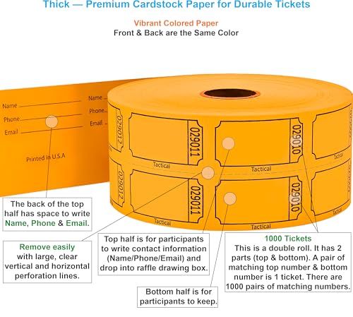 Tacticai 1000 Blank Raffle Tickets, 50/50 Double Roll, Orange - color: B - Double Roll - 1,000 Tickets - Blank - Orange